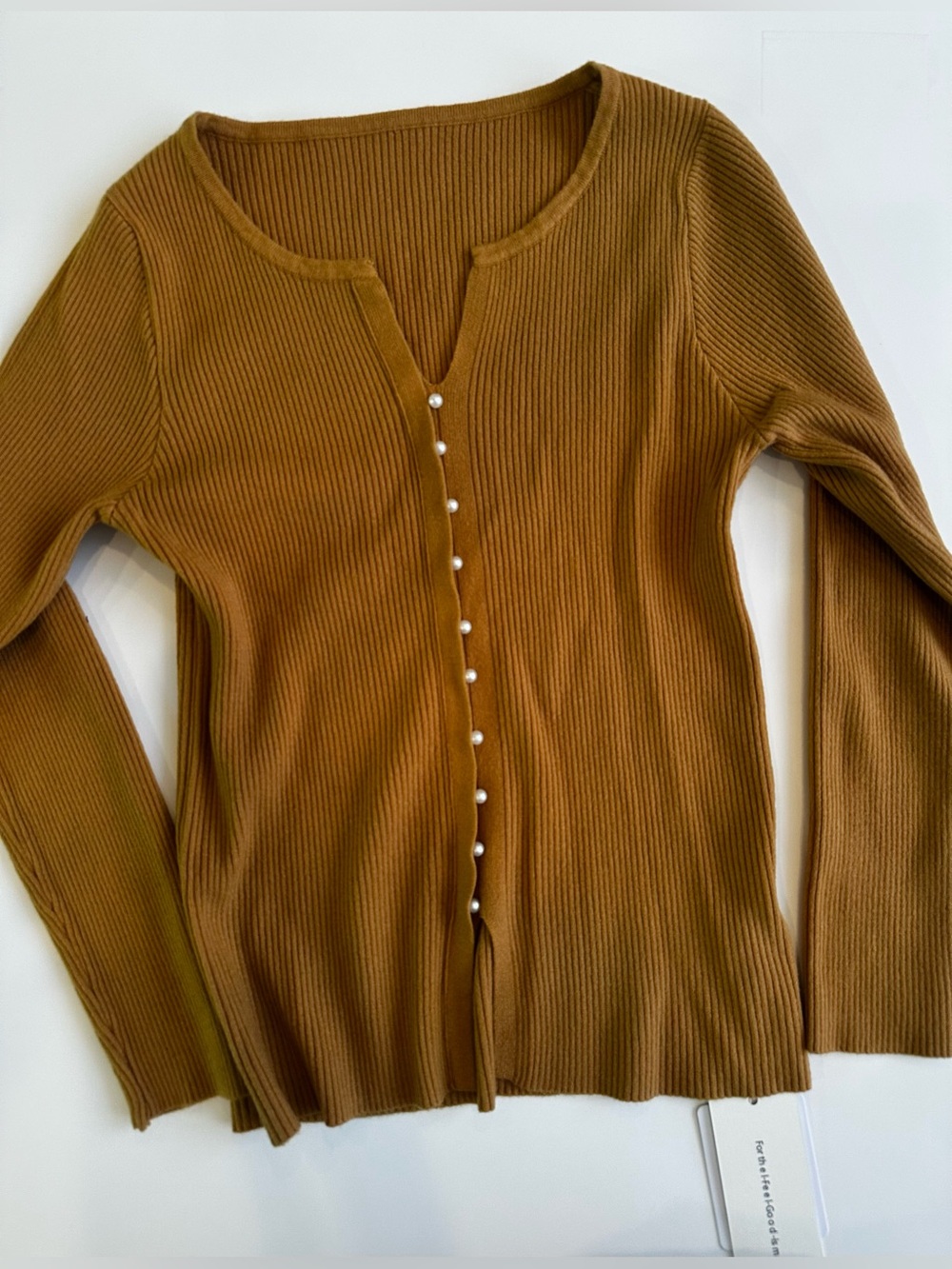 Commense Ribbed Pearl-Button Long Sleeve Top in Mustard Brown